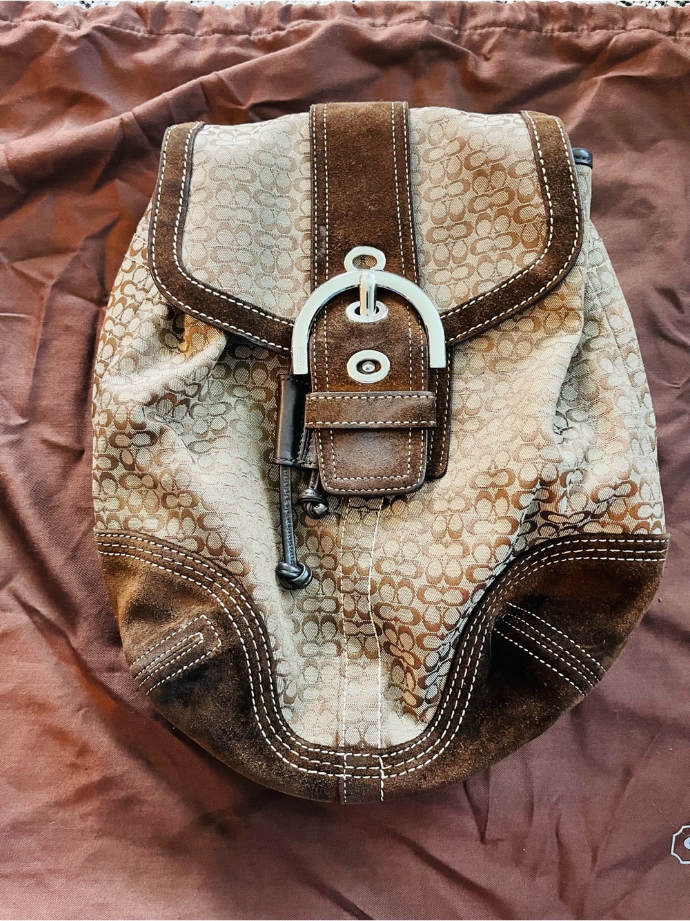 Coach Beige and Brown Signature Canvas Drawstring Backpack
